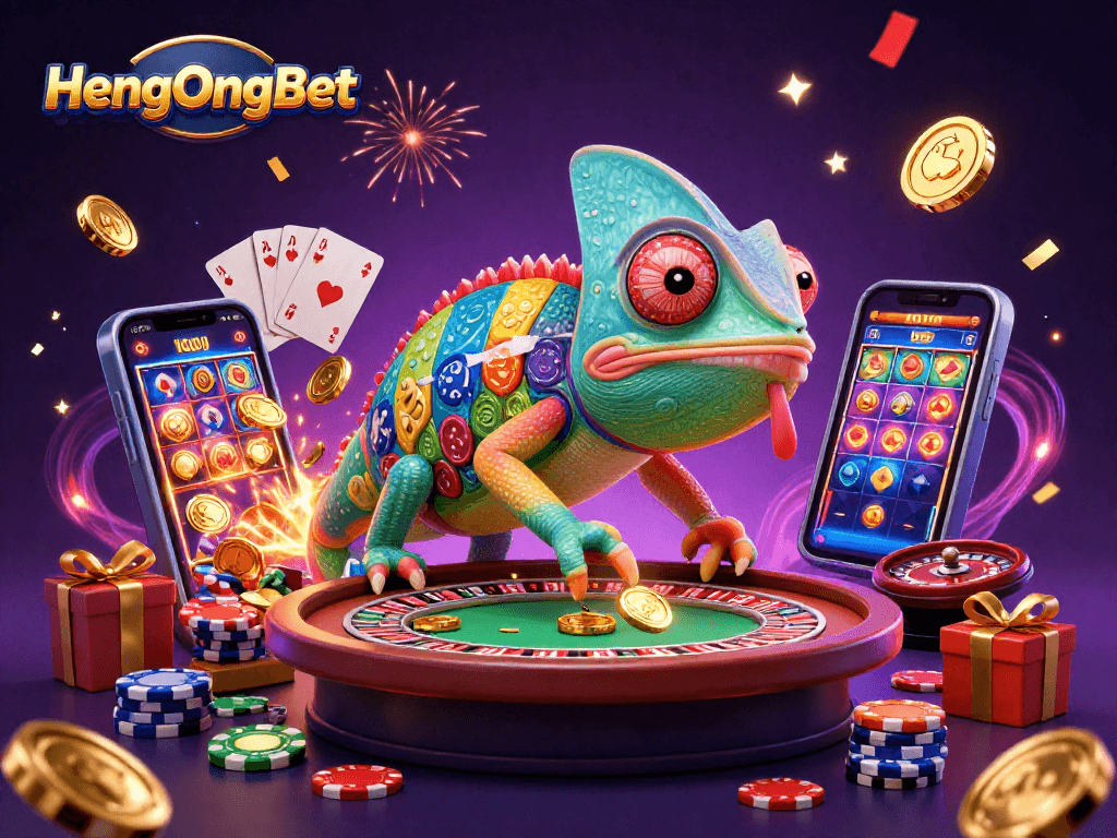 Experience HengOngBet's vibrant casino atmosphere with unique chameleon character and lively gaming elements.