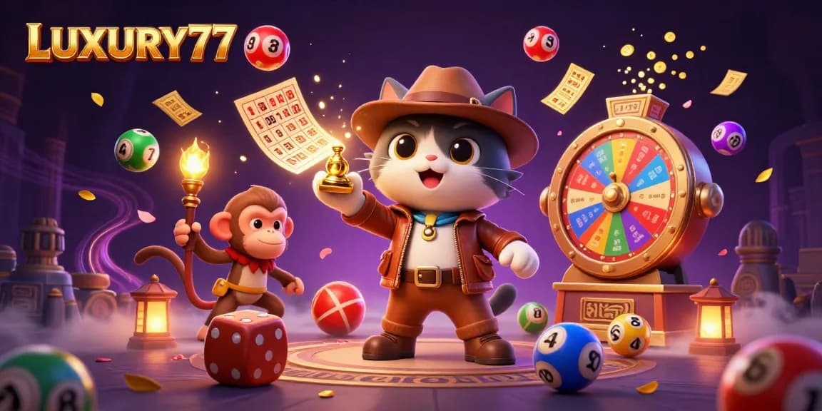 Engage with LUXURY77's exciting slots scene featuring dynamic lottery balls and golden artifacts.