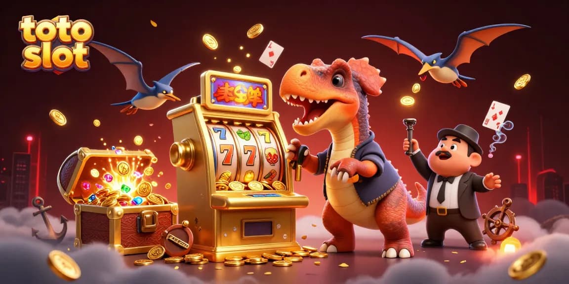 Toto slot engagement scene with a dinosaur headbutting a golden slot machine surrounded by coins.