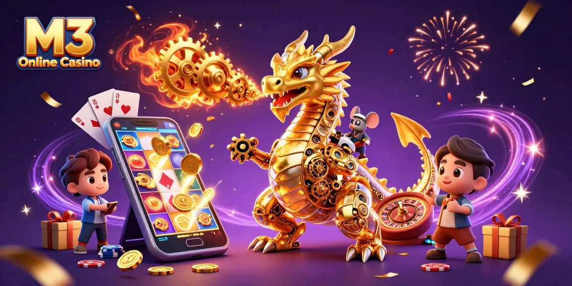 M3 Online Casino showcases thrilling experiences with golden dragon and vibrant slot game elements.