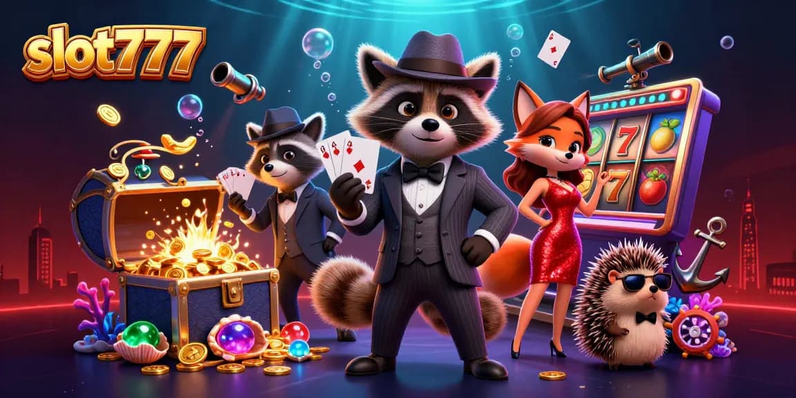 Win big with slot777 in this exciting 3D illustration featuring cartoon animals and casino elements.