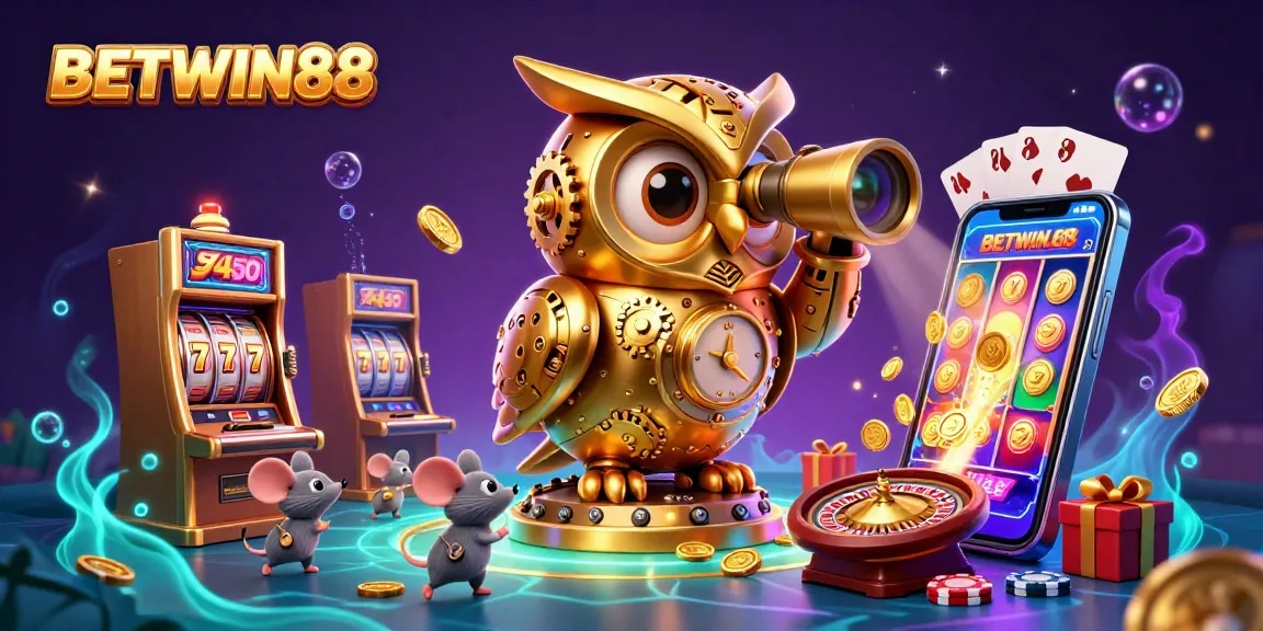 Experience the excitement of BETWIN88 with an ultra-detailed 3D scene featuring a golden owl and vibrant slot elements.
