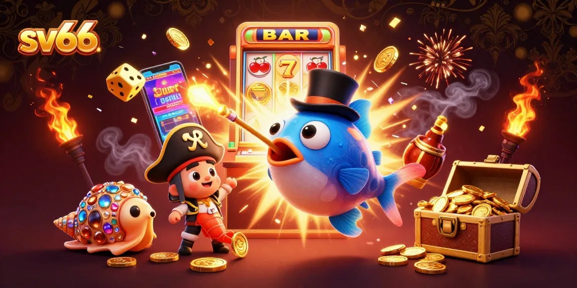 SV66's interactive gaming scene featuring a vibrant slot machine showcasing rich casino elements and characters.