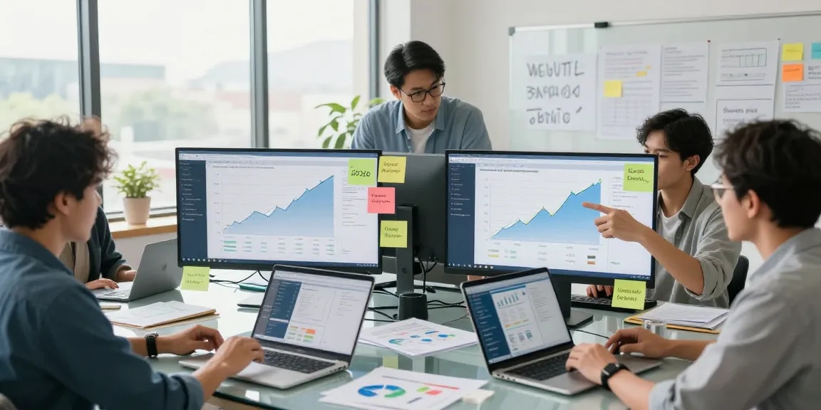 Marketers analyzing data growth relating to the list of newly registered domains in a modern office.