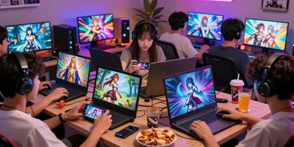 Engaged gamers exploring various hentai games on multiple devices in a vibrant setting.