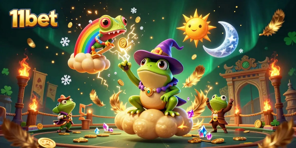 Engage with 11bet's vibrant world, as a wizard frog conjures riches amidst gambling excitement.