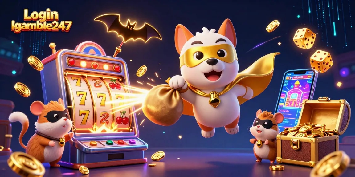 Join the fun with Login Igamble247 as a superhero dog flies with gold coins and slot games!