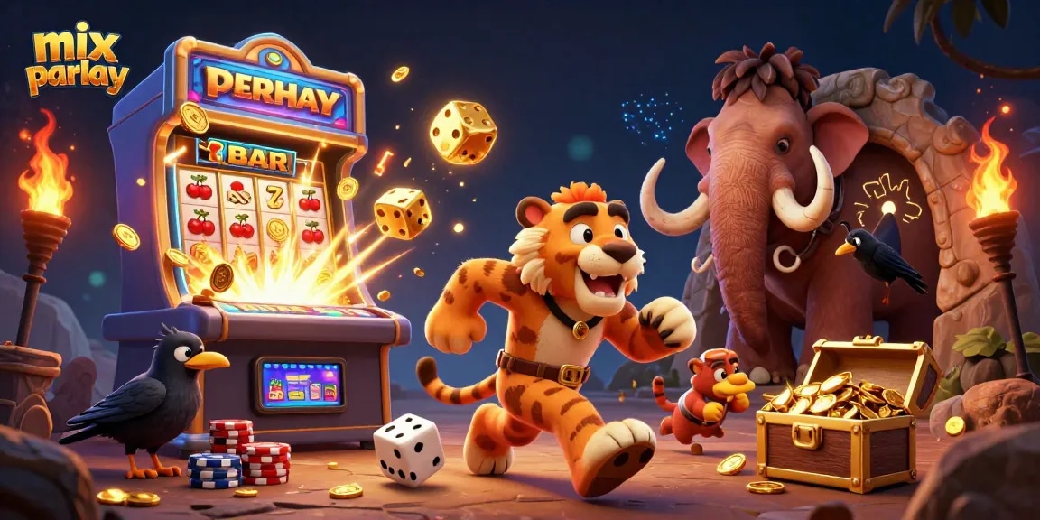 Experience mix parlay excitement in a prehistoric casino with a caveman duo and exciting game elements.