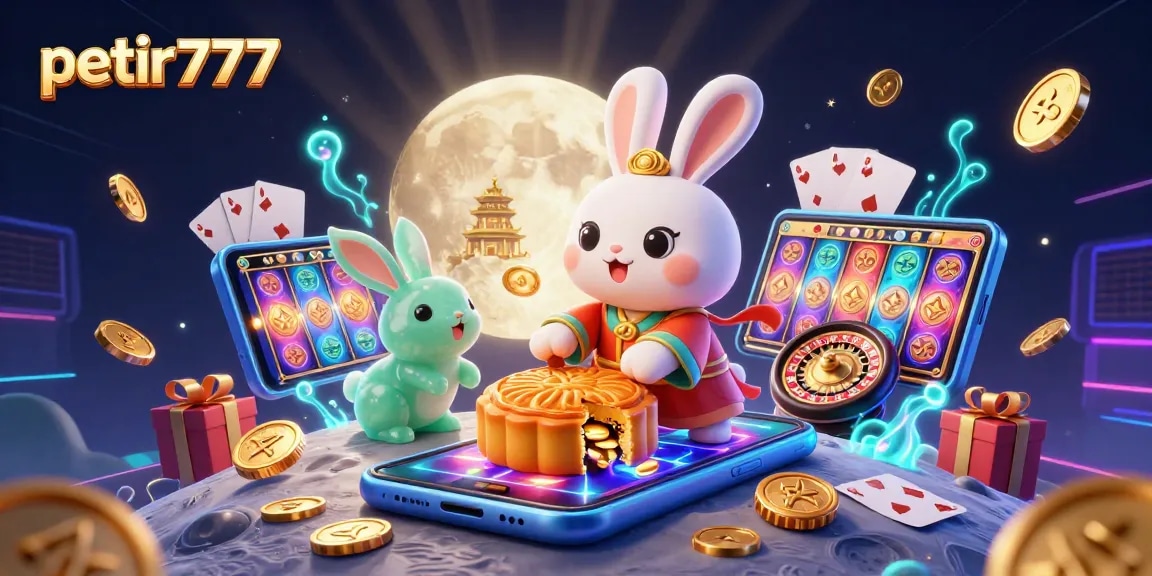 Experience the thrill of petir777 with a vibrant 3D illustration depicting playful moon rabbits and casino treasures.