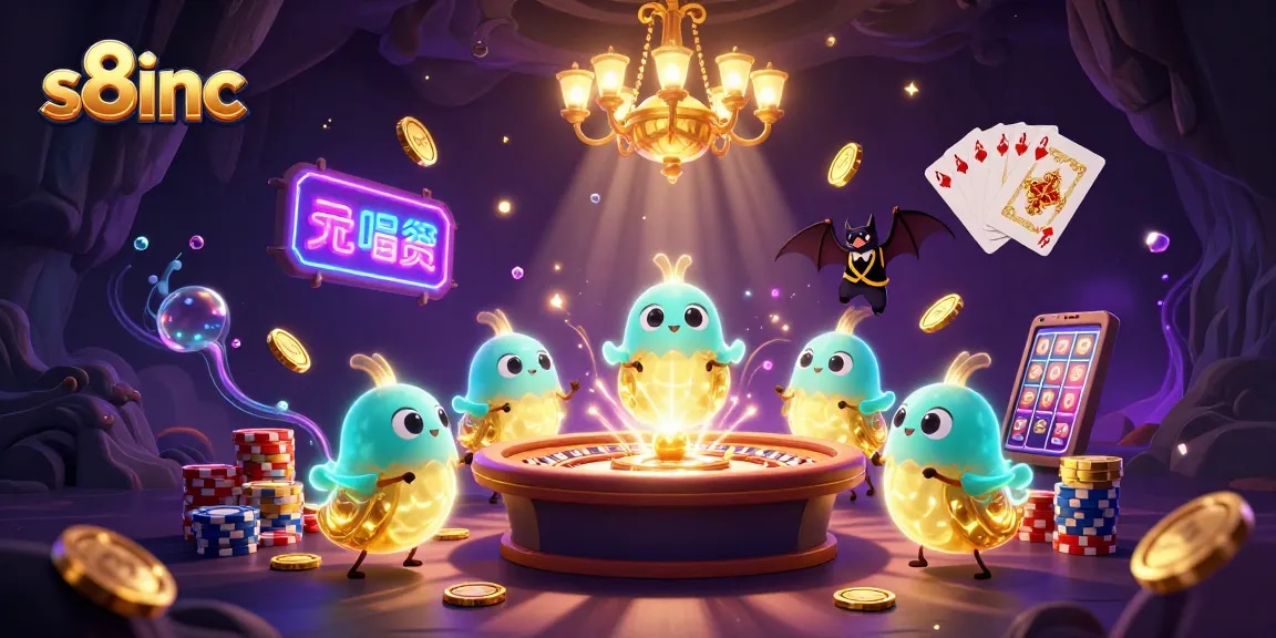 Experience the excitement at s8inc with vibrant casino elements and glowing characters.