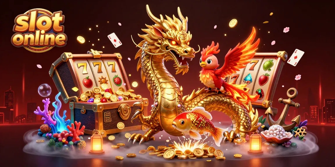 Spin exciting slot online games with a golden dragon, phoenix, and koi fish in a vibrant casino scene
