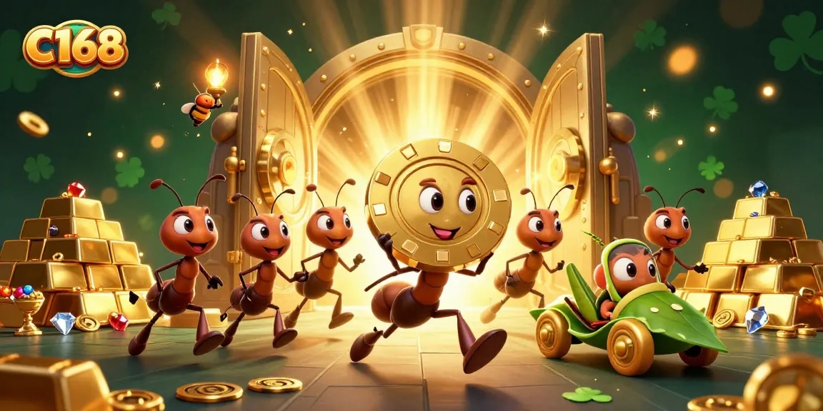 C168 presents a team of ants in an action-packed heist carrying a giant poker chip, surrounded by treasure and shiny gems.