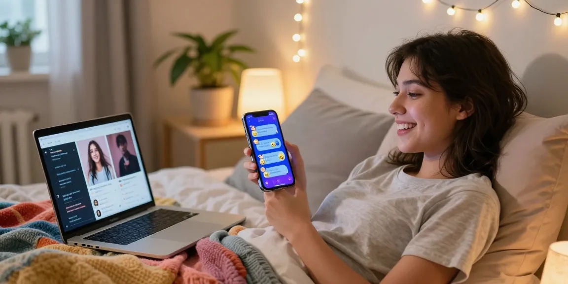 User engaging with a digital AI girlfriend on a smartphone in a cozy bedroom, showcasing emotional connection and modern companionship.