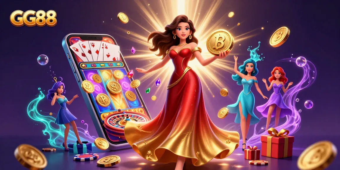 Experience winning at GG88 with a vibrant 3D illustration of gameplay elements and golden rewards.