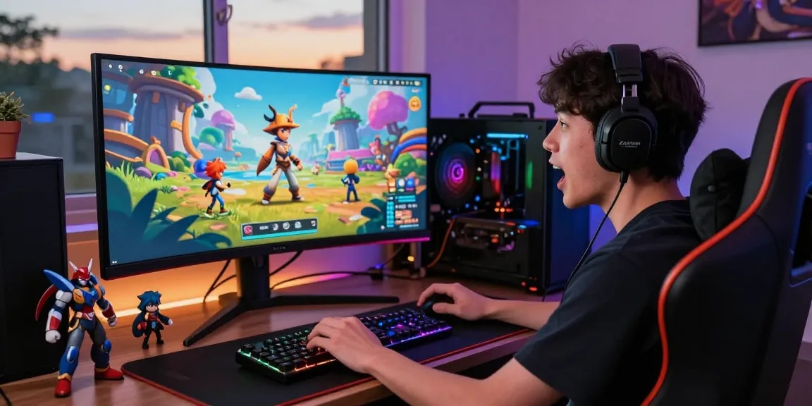 Player engaging deeply with an android hentai game in a colorful gaming setup