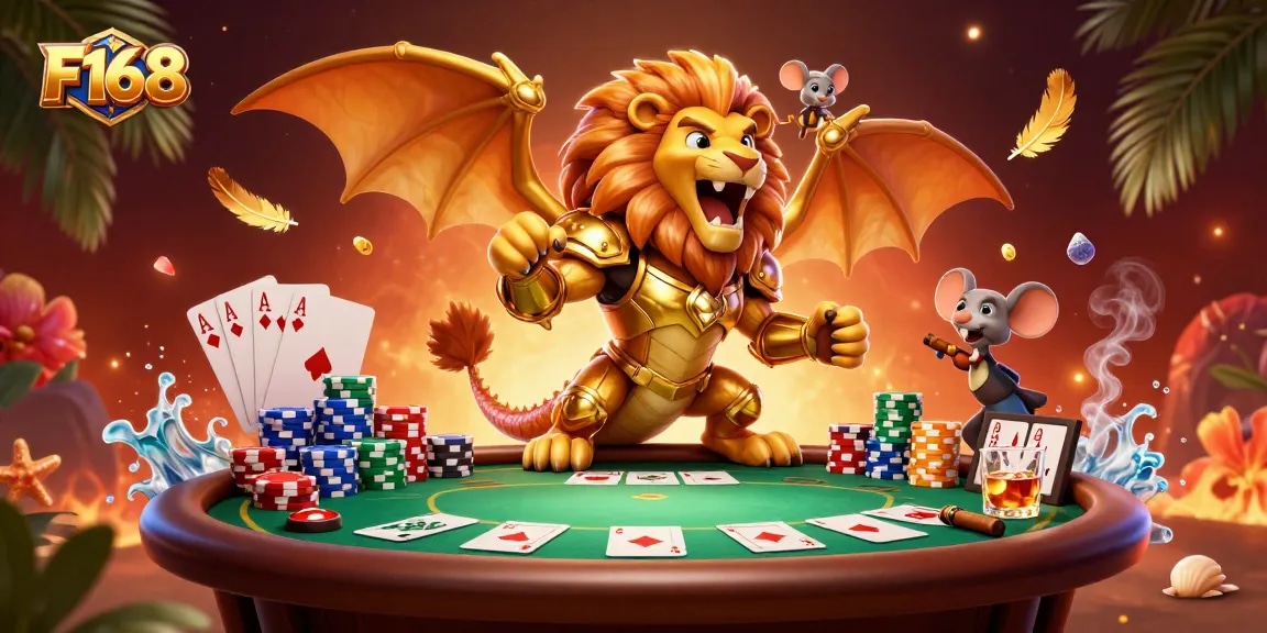 Experience thrilling gameplay at F168 with vibrant poker action and a majestic chimera illustration.