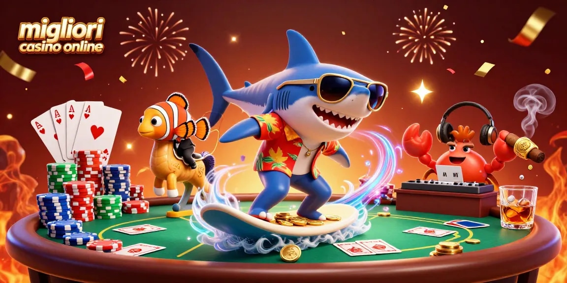 Scopri il mondo emozionante dei migliori casino online con uno squalo che surfando su monete d'oro e elementi di poker.