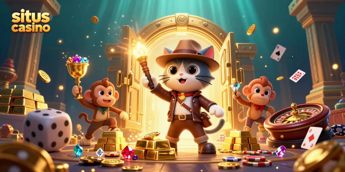 Experience excitement at situs casino with a cartoon archaeologist cat and monkey discovering treasures and gaming elements.