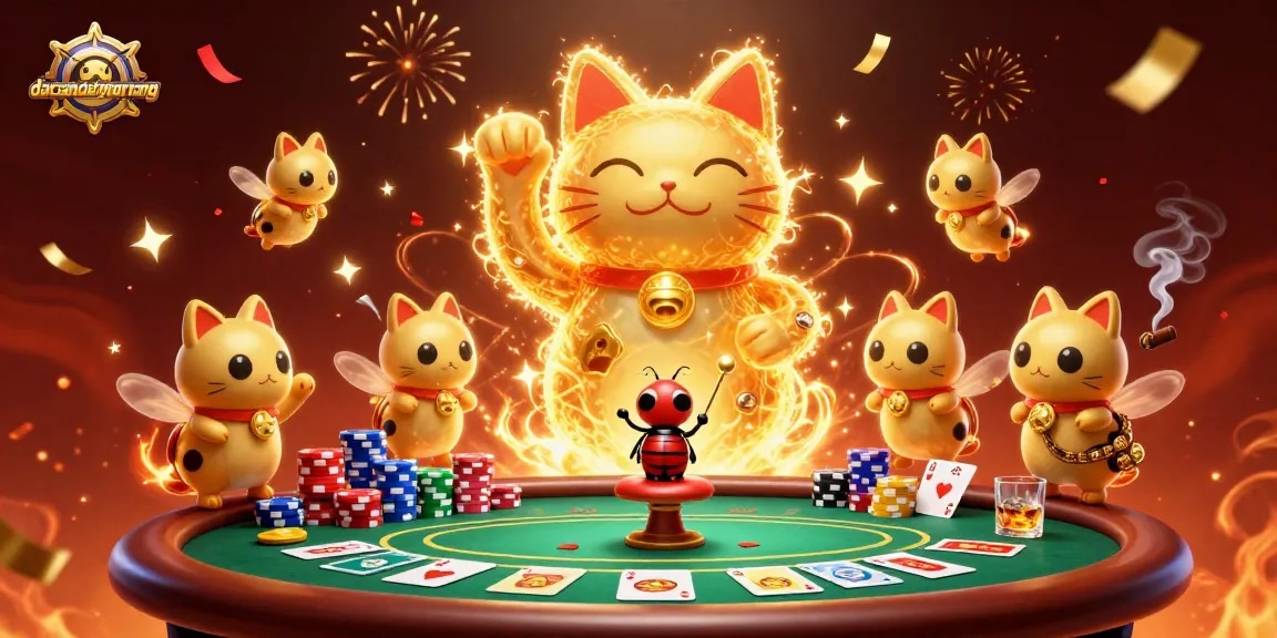 Play exciting games at dacsandatphanrang, featuring a vibrant lucky cat and poker elements. Experience the thrill of gaming!