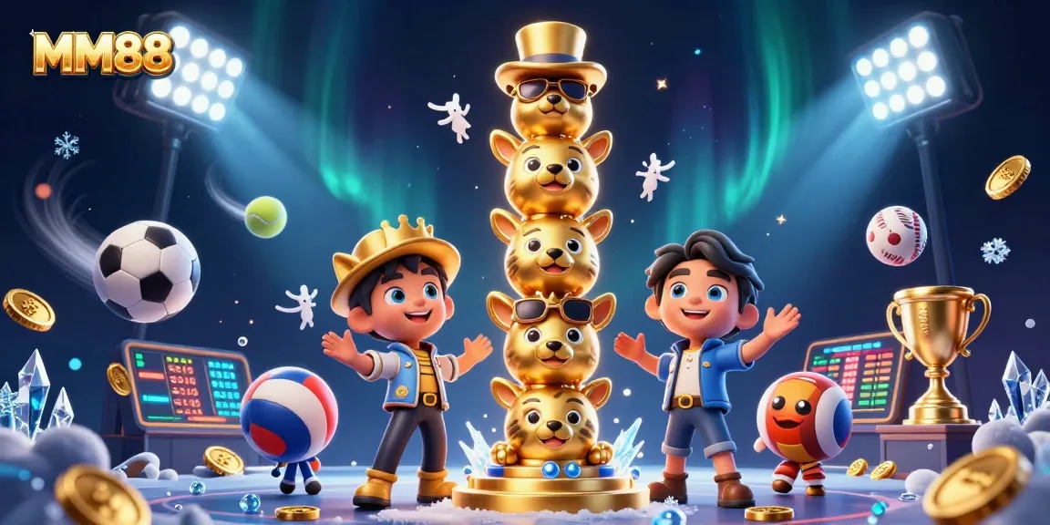Join the excitement with MM88 as dynamic sports balls and casino-themed elements create a thrilling illustration.