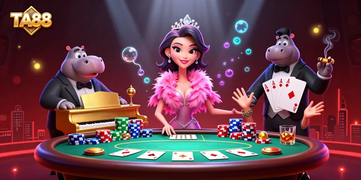 Engage with TA88's vibrant casino atmosphere featuring a flamingo singer and hippo bassist.