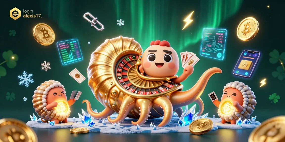 Menangkan permainan dengan login alexis17, dalam ilustrasi kasino yang kaya detail dengan elemen kripto dan keberuntungan.