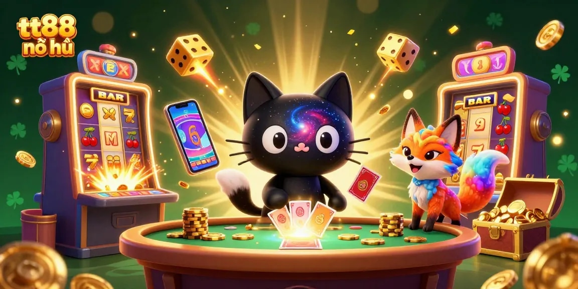 Spin the reels in tt88 nổ hũ as a cosmic cat and vibrant fox play beside exploding jackpots.
