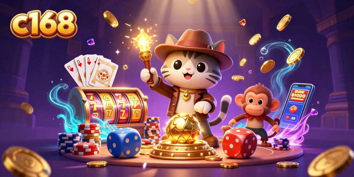 C168 players engaging with a vibrant casino scene, showcasing dynamic slot reels and exciting gaming elements.