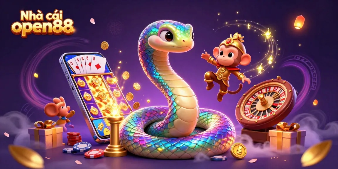 Engage with dynamic gameplay at Nhà cái open88, featuring a vibrant casino scene with colorful slot reels and playful characters.