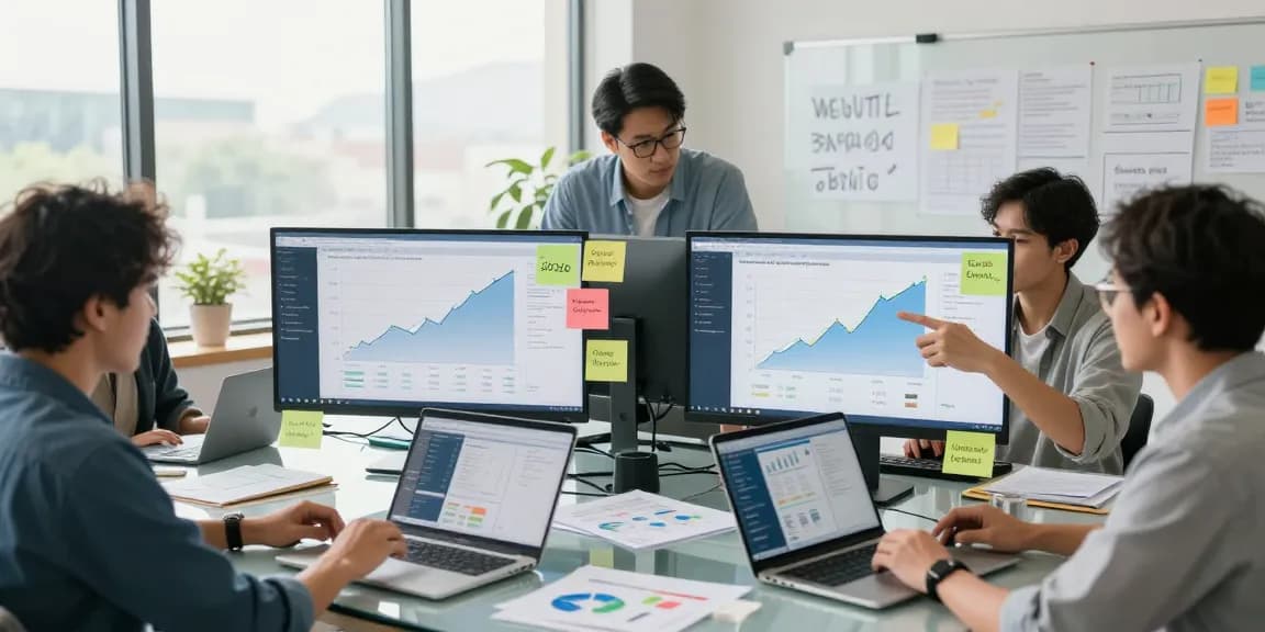 Marketers analyzing data growth relating to the list of newly registered domains in a modern office.