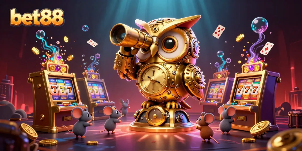Experience excitement at bet88 with a dynamic casino scene featuring an animated owl and charming mice.