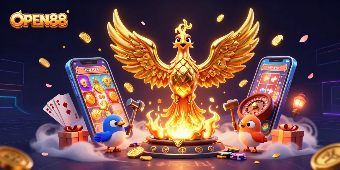 Experience the excitement of OPEN88 as a golden phoenix emerges with coins, surrounded by vibrant casino elements and game action.
