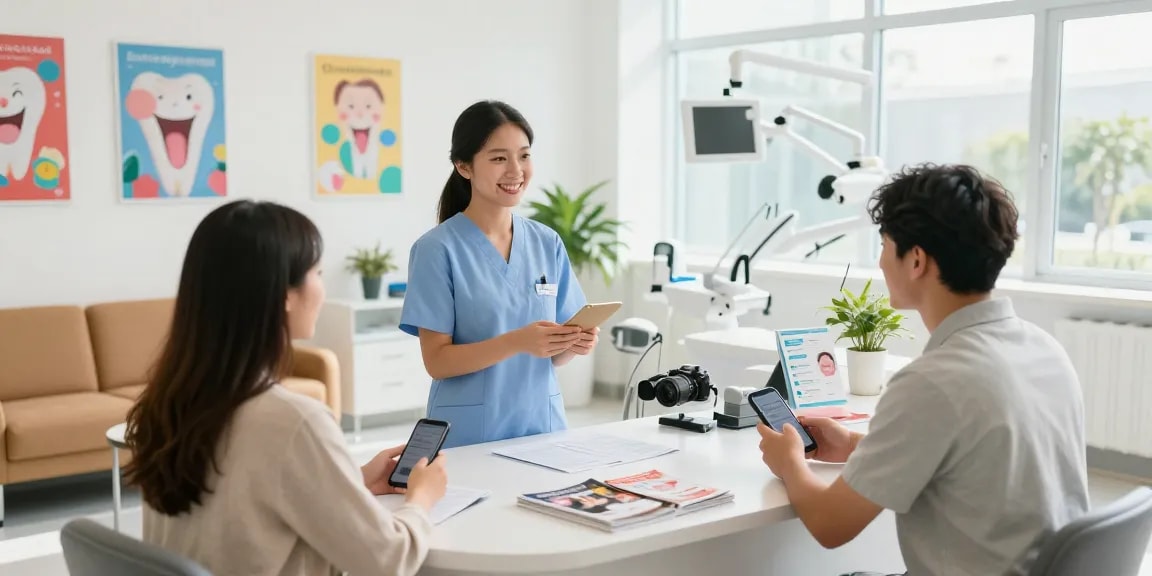 Our site features a friendly dental clinic reception welcoming patients for appointments.
