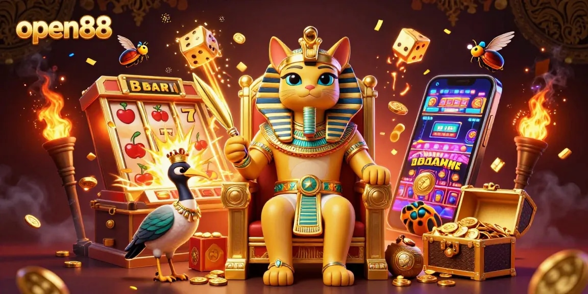 Experience thrilling slots at open88 with vibrant gaming elements and a dynamic golden ambiance.