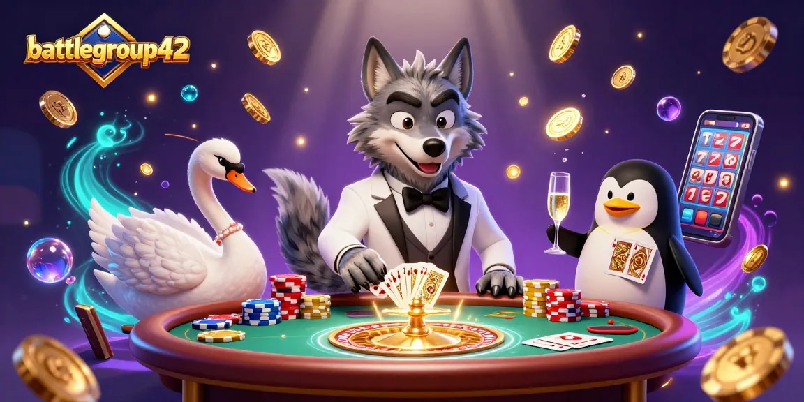 Experience elite gaming at battlegroup42 with animated characters enjoying casino thrills.