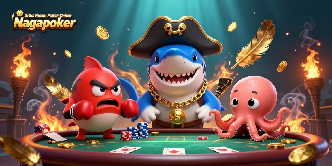 Situs Resmi Poker Online Nagapoker showcases a lively poker scene with characters engaged in a dynamic game.