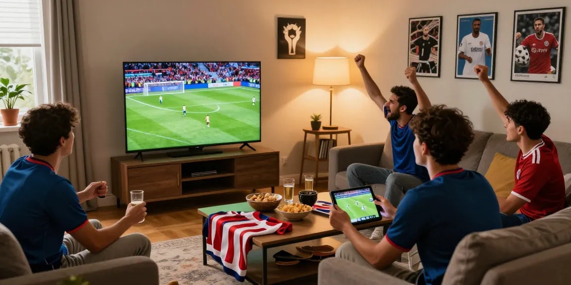 Friends enjoying Pelotalibre soccer match in a cozy living room setting.