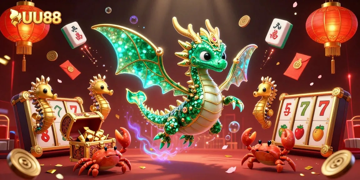 Engage with UU88's thrilling world as sea dragons and treasures come alive amidst vibrant casino elements.