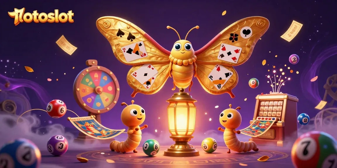 Totoslot showcases vibrant casino action with an artistic illustration of a golden moth amidst lottery elements, enriching the experience.