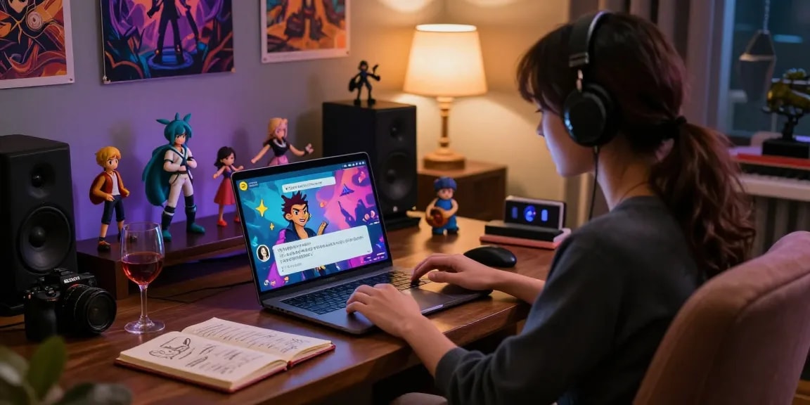 Engaging in an NSFW AI chat in a cozy study, showcasing digital interaction and artistic elements.