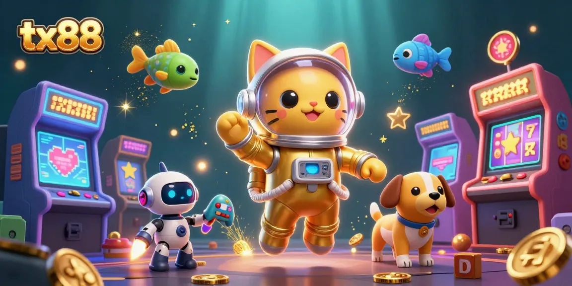 Engage with tx88's colorful 3D casino adventure featuring a space cat and epic game elements.