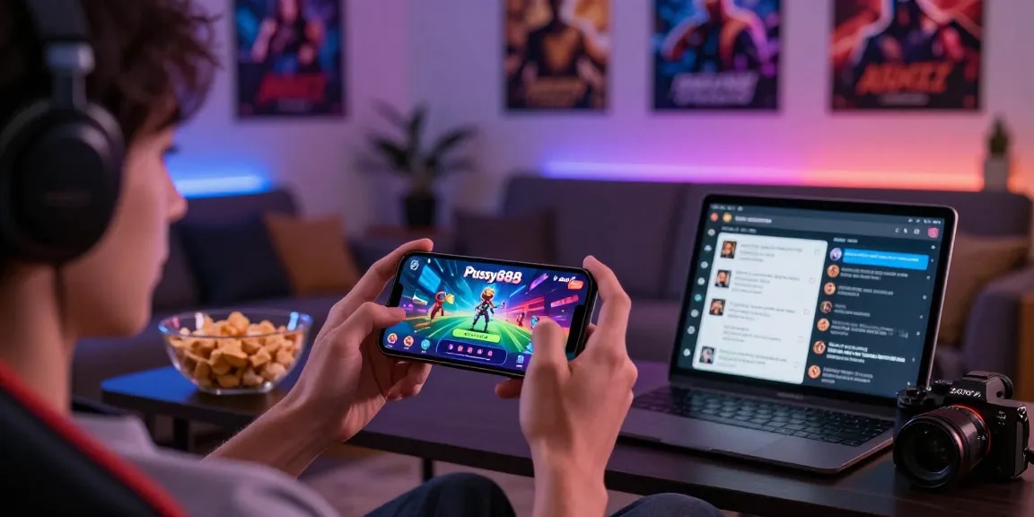 Pussy888 gaming experience in a cozy living room with vibrant smartphone interface and snacks.