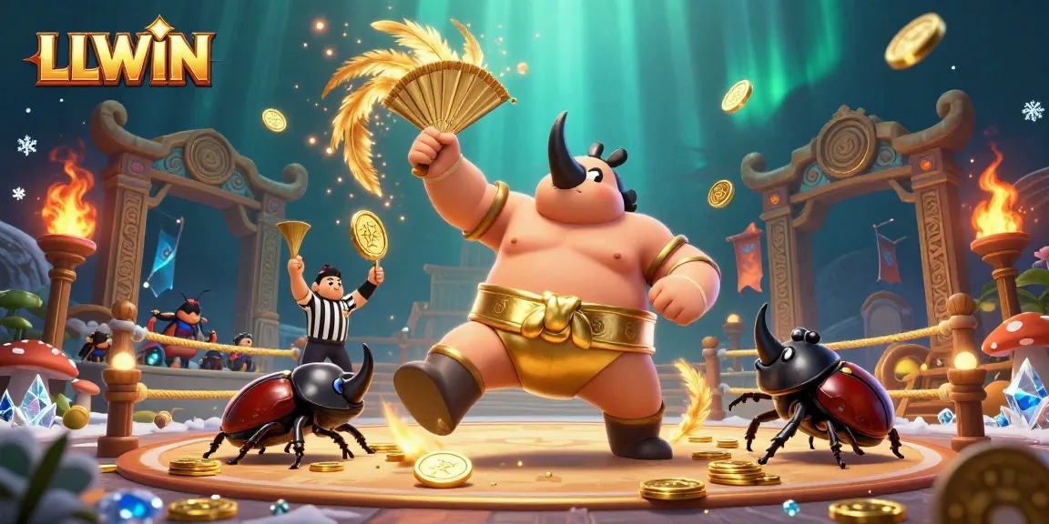 Experience LLWIN's festive gaming with coins flying and beetles cheering in this lively casino arena.