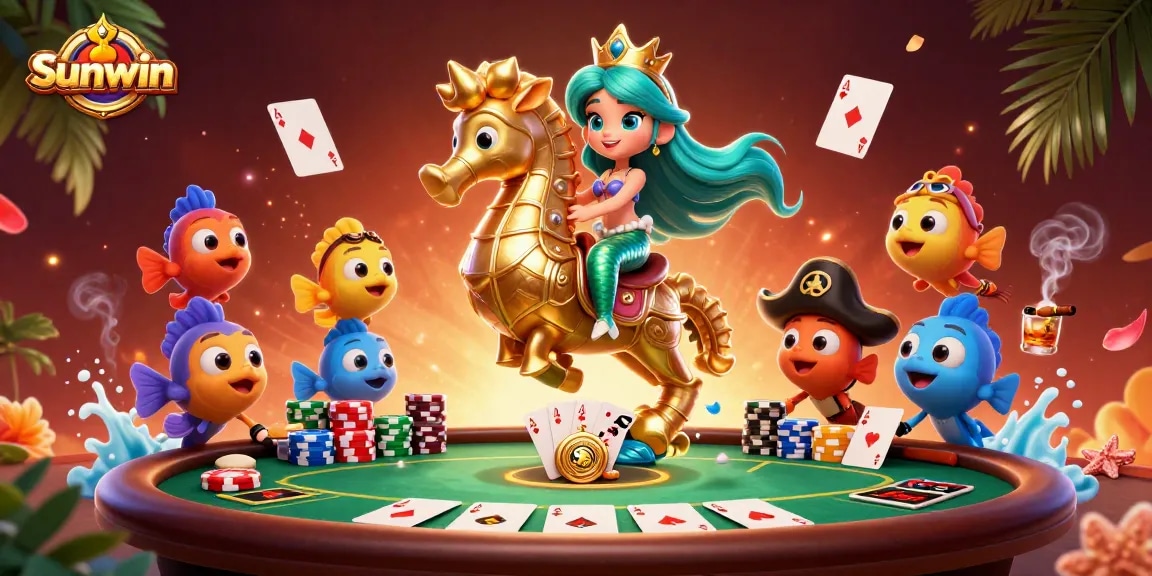 Experience exciting gameplay at Sunwin with 3D elements featuring poker scenes and a vibrant underwater environment.