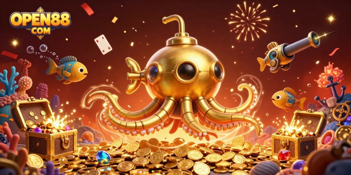Engage in thrilling games at OPEN88 COM with vibrant visuals of 3D characters celebrating amidst gold coins.