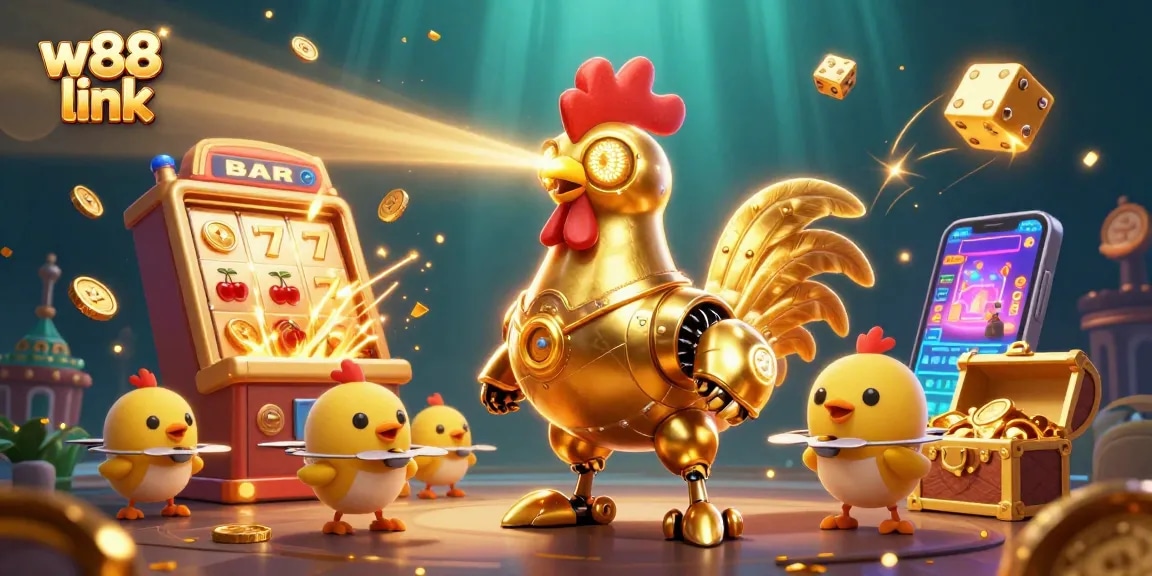 Experience the vivid action of w88 link in this dynamic gambling-themed 3D illustration, showcasing a futuristic scene with golden elements.