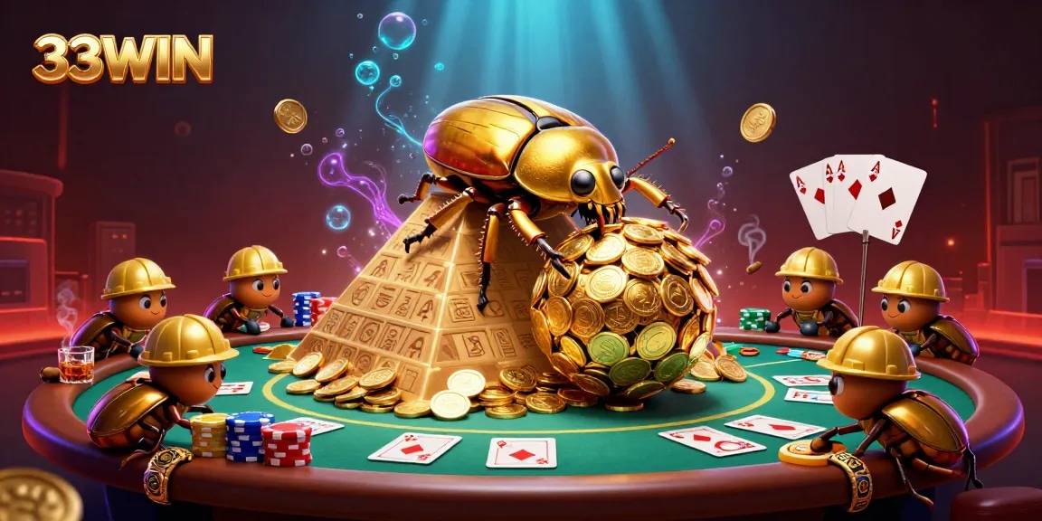 Experience thrilling gameplay at 33WIN with a golden beetle surrounded by poker elements.