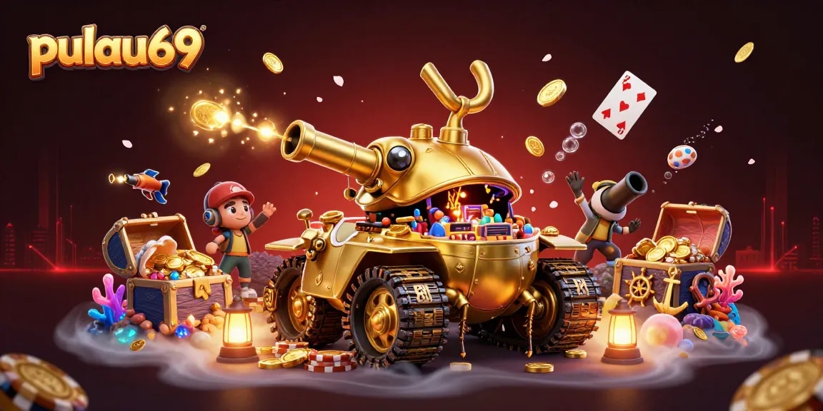 Engage with pulau69's vibrant casino experience featuring a golden beetle tank and floating games.