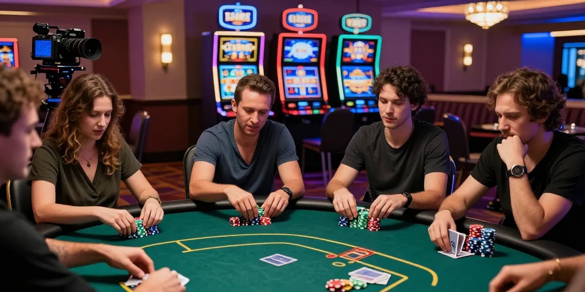 Dynamic slot poker gaming experience with players at a vibrant casino table and illuminated slot machine background.