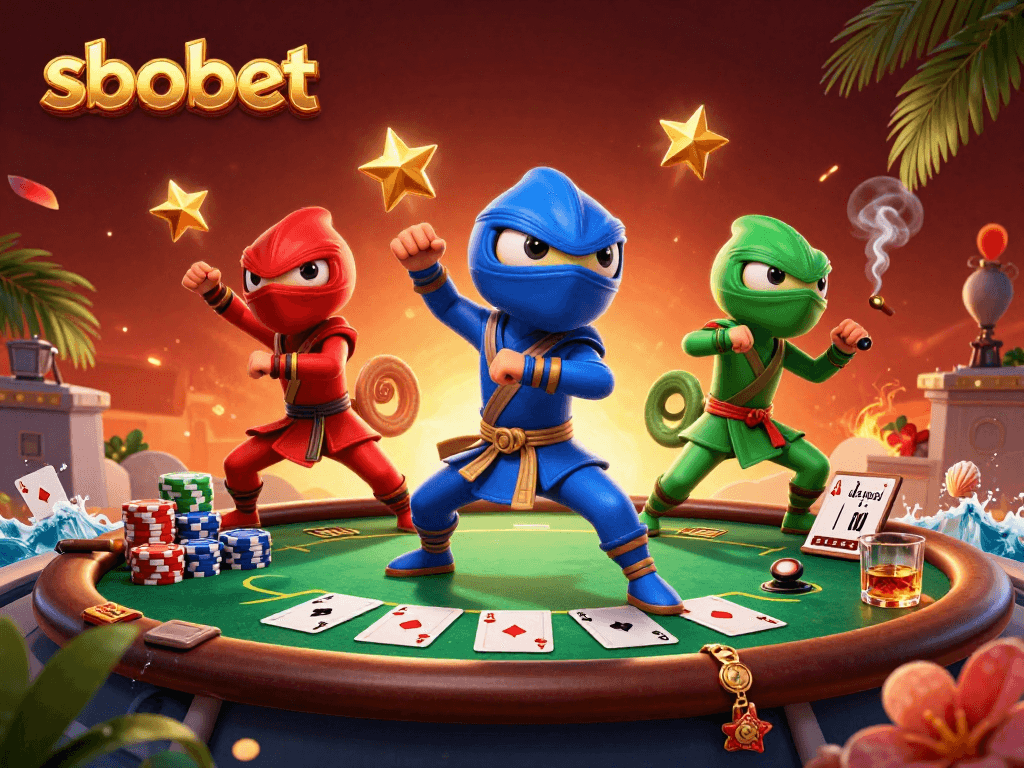 SBOBET offers immersive betting adventure with vibrant chameleon characters and poker-themed elements.